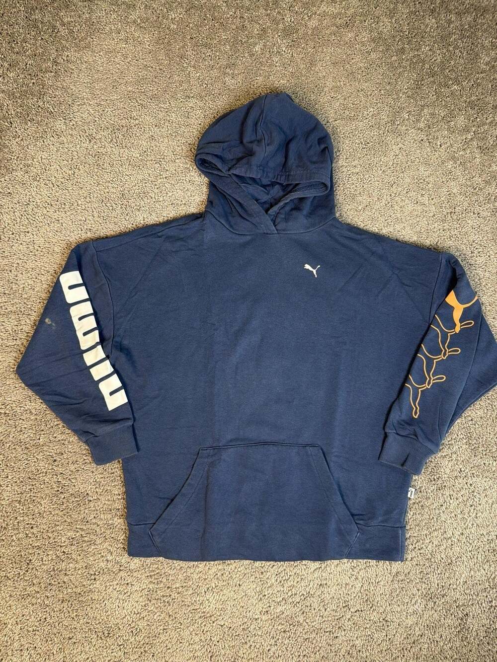 PUMA Hoodie Mens S Blue Pullover Hooded Pockets Fleece Logo Graphic Crew Neck
